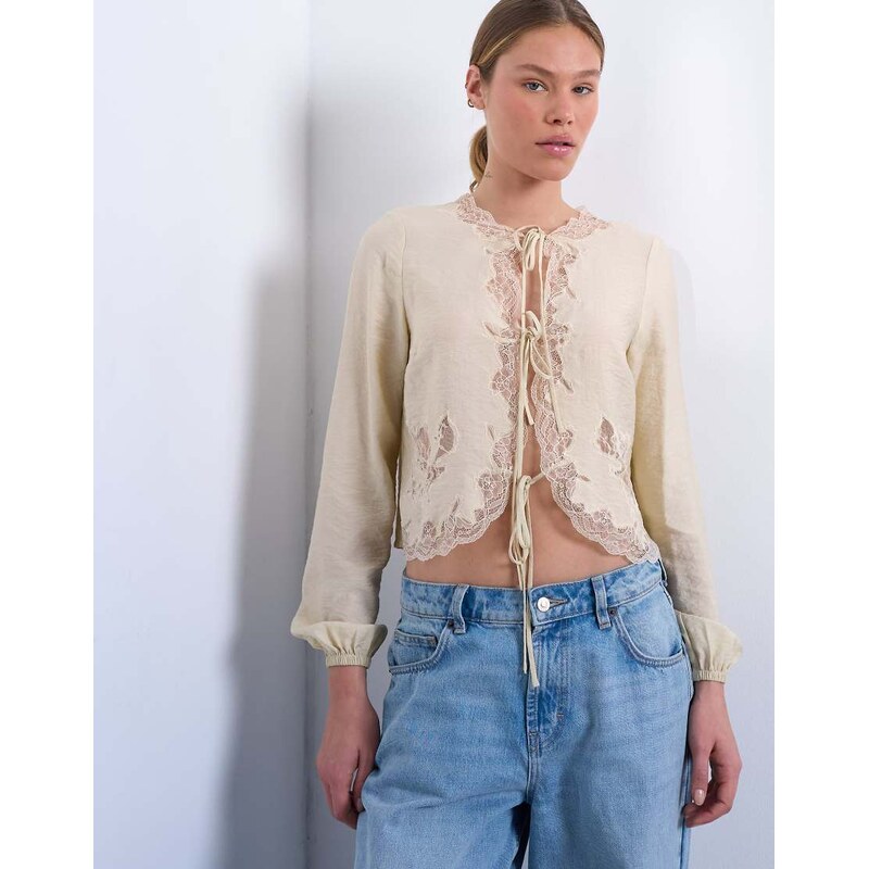 Topshop delicate tie front long sleeve top with lace in oyster