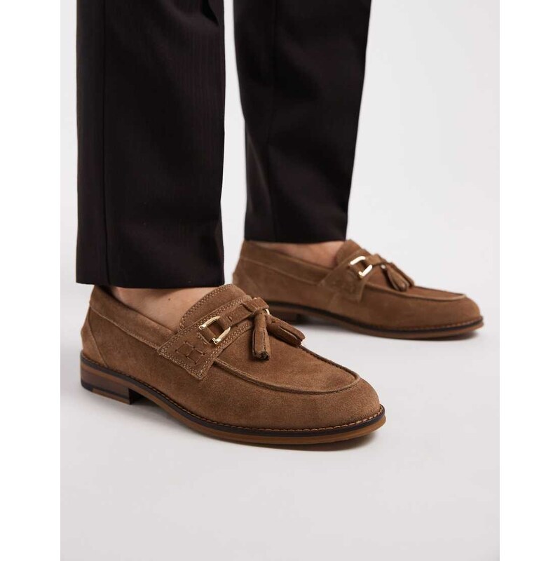 ASOS DESIGN loafers in taupe suede with gold hardware-Neutral