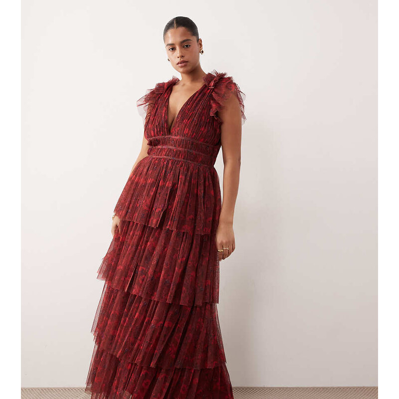 Lace & Beads Plus tulle flutter sleeve plunge neck tiered maxi dress 115519687