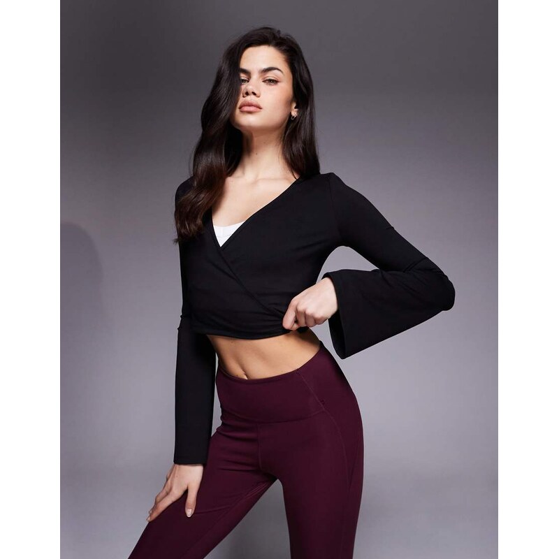 4505 soft touch ballet wrap flared sleeve top in black 112484828