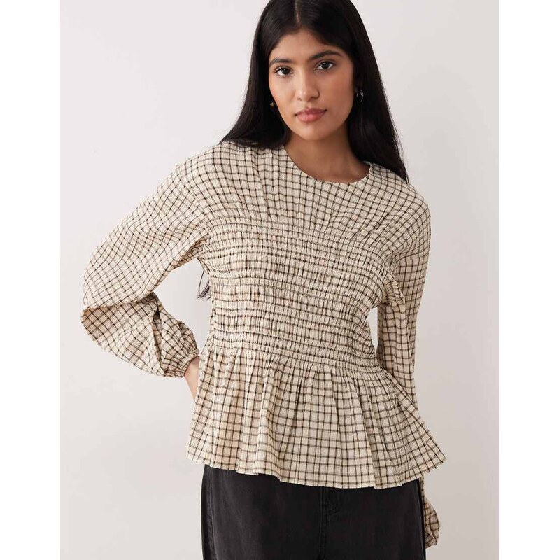 Nobodys Child Charlize shirred peplum top in cream check-White