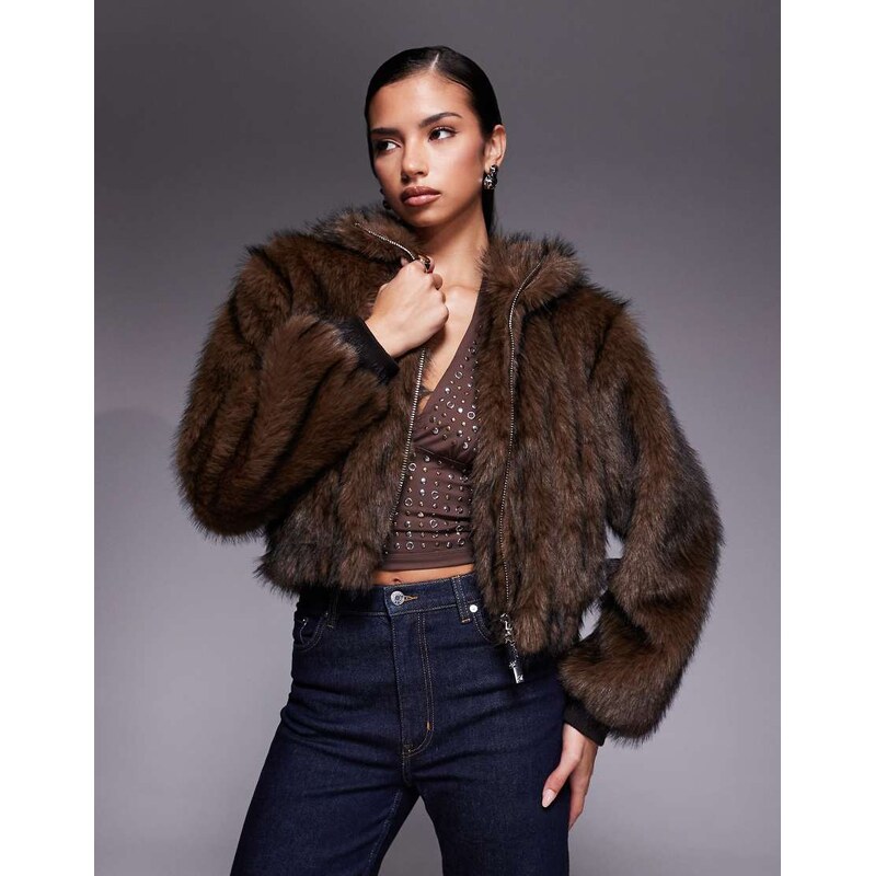 Liquor N Poker cropped faux fur bomber jacket in brown 112765883