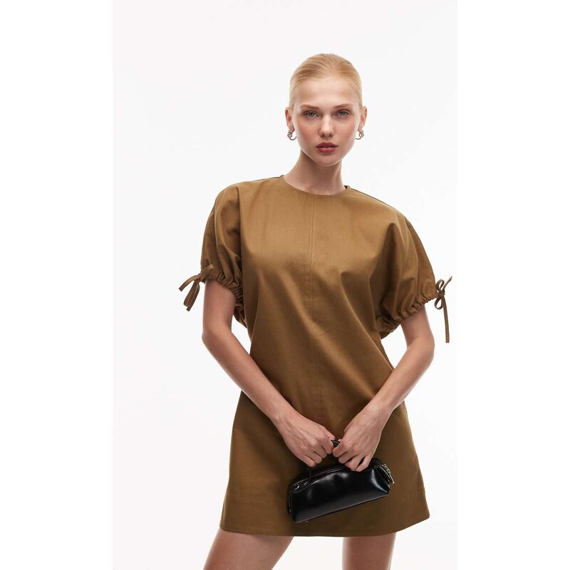 ASOS DESIGN crew neck mini dress with tie sleeve detail in olive