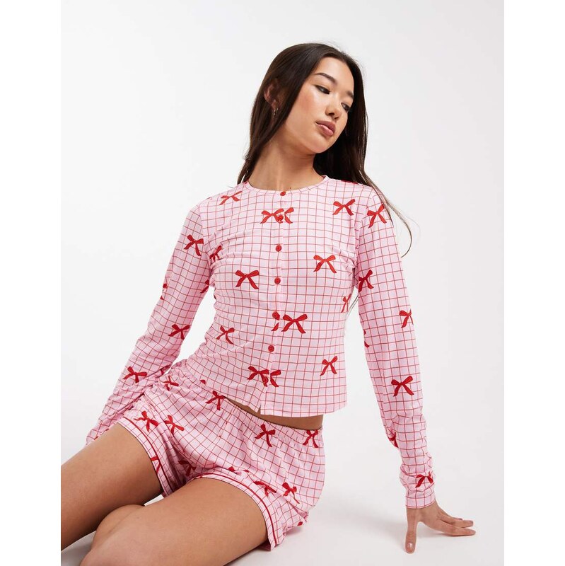 Urban Threads jersey long sleeve cardigan top and short set in red bow 112512091