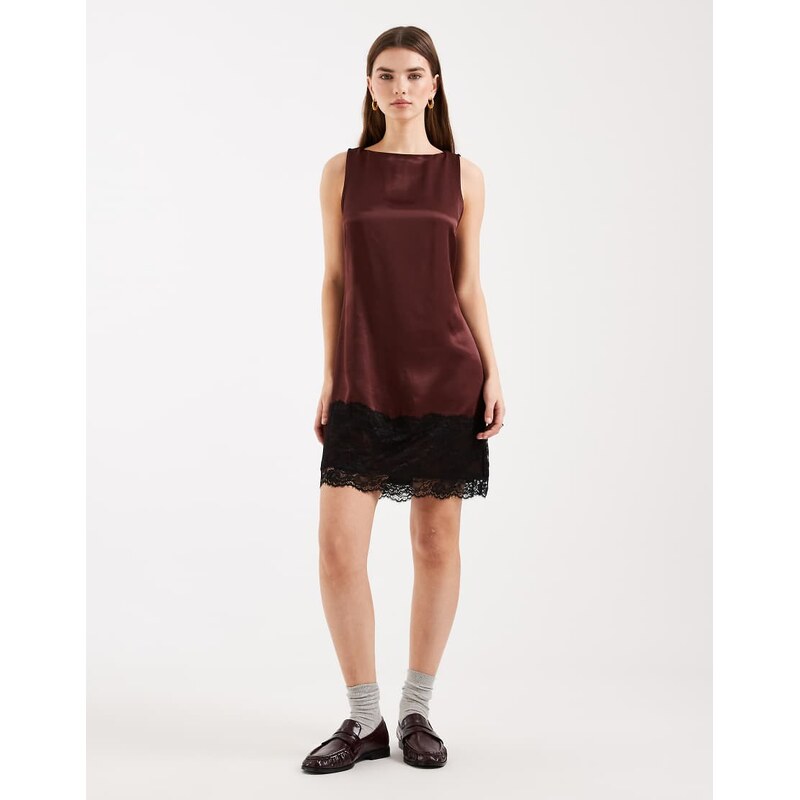 Miss Selfridge satin and lace shift dress in chocolate-Brown 115521789