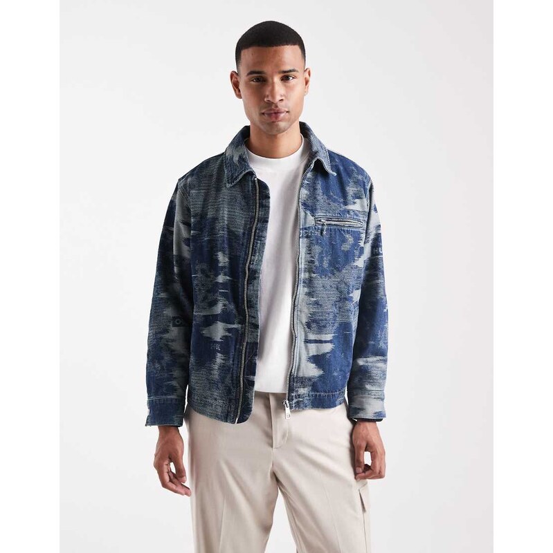 HUGO BLUE Wylie indigo camo zip front denim jacket in mid blue