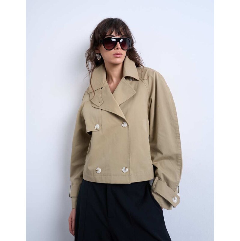 Topshop cotton ovoid sleeve short trench in beige-Neutral