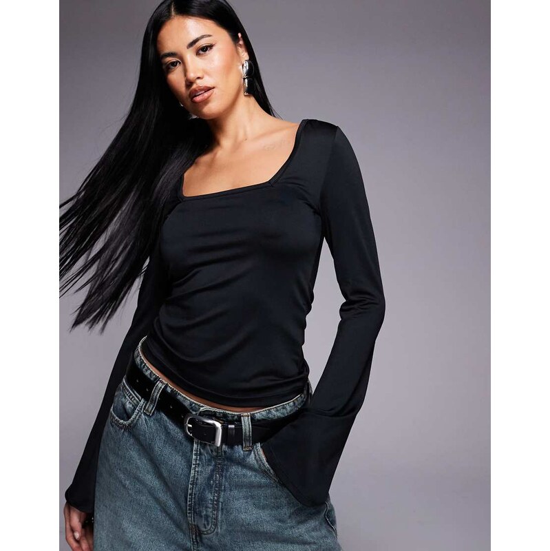 Threadbare slinky square neck long sleeve top in black with