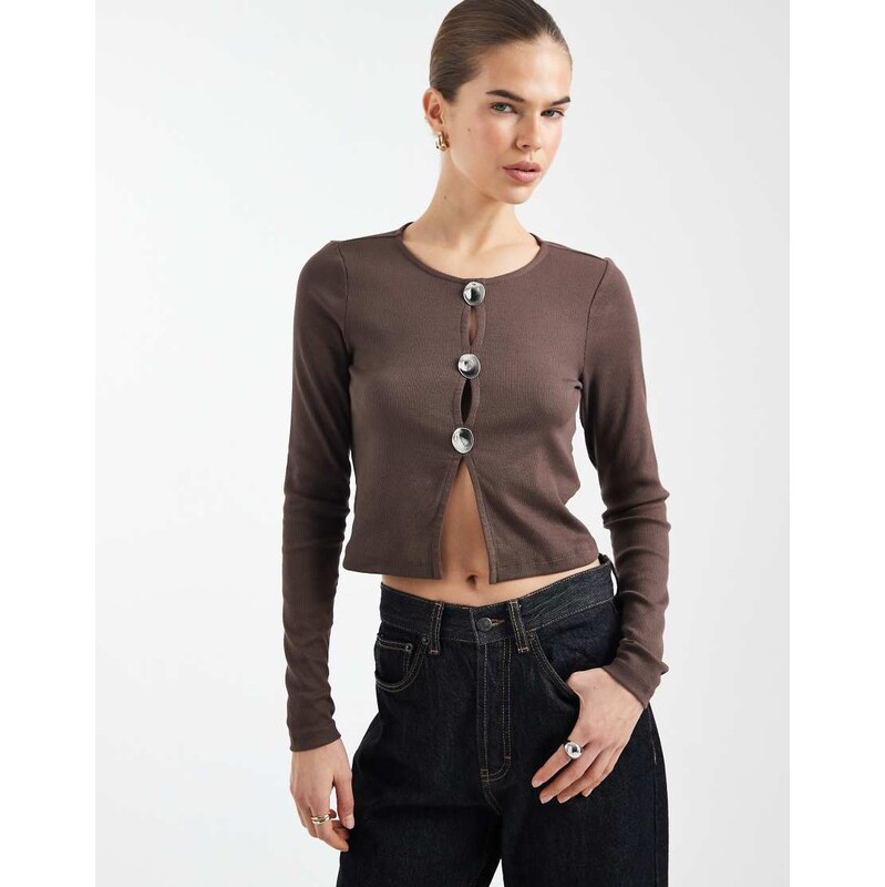 ONLY long sleeve rib top with silver button detail in chocolate