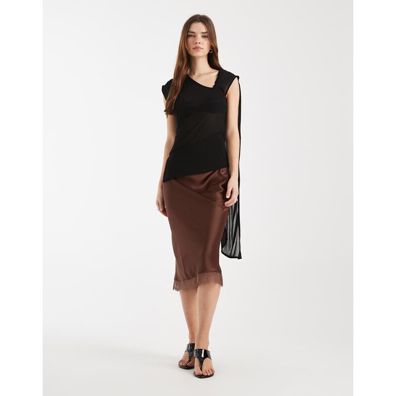 New Look mid length lace trim satin skirt in brown