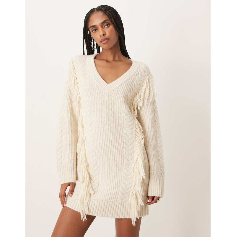 Abercrombie & Fitch mini jumper dress with fringing in cream-White 112521983