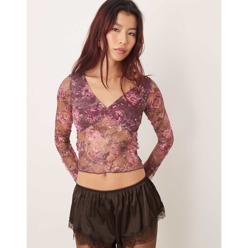 Motel Copriva abstract mesh long sleeve top in rose pink plum