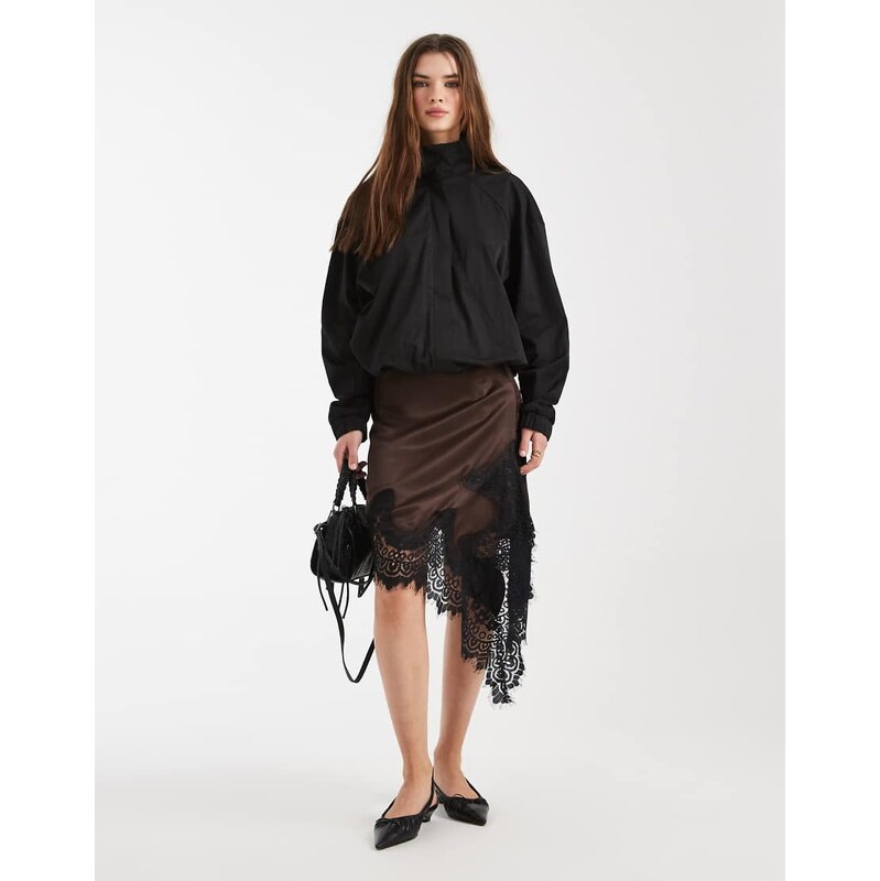 ASOS DESIGN satin asym lace trim mini skirt in chocolate-Brown