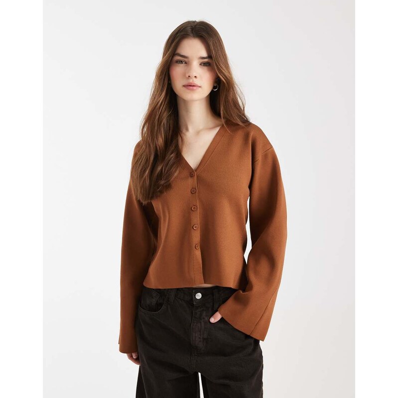 ASOS DESIGN knitted structured v neck cardigan in brown