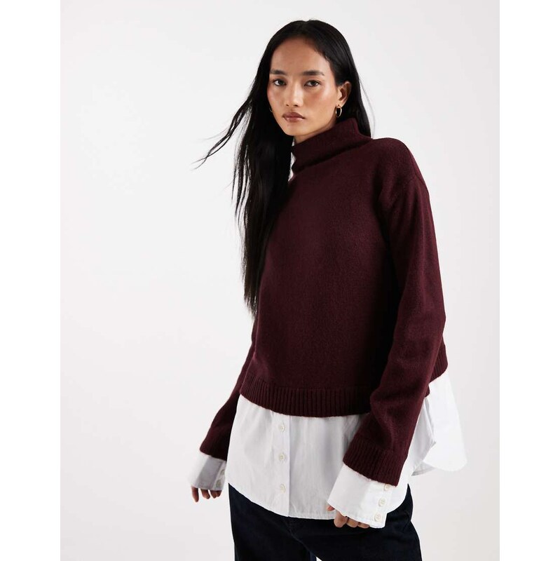 ASOS DESIGN knitted jumper with 2 in 1 shirting in plum-Red