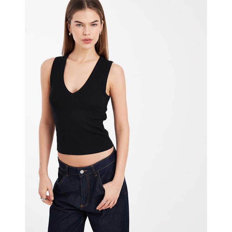 ASOS DESIGN ribbed v neck vest in black