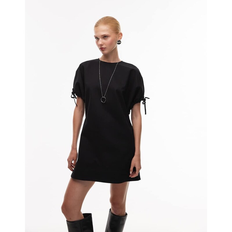 ASOS DESIGN crew neck mini dress with tie sleeve detail in black