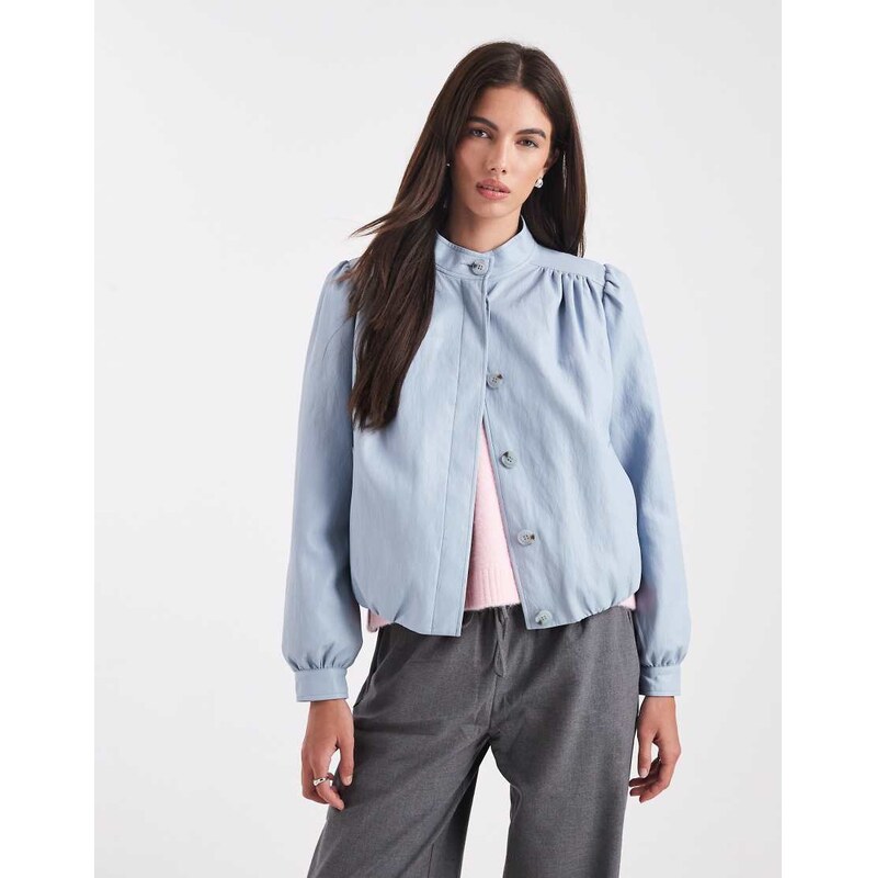 Miss Selfridge faux leather gathered detail jacket in soft blue 112538528