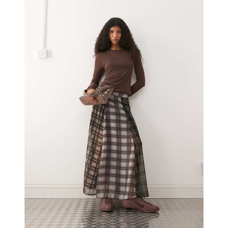Reclaimed Vintage midi skirt in sheer spliced check prints-Multi