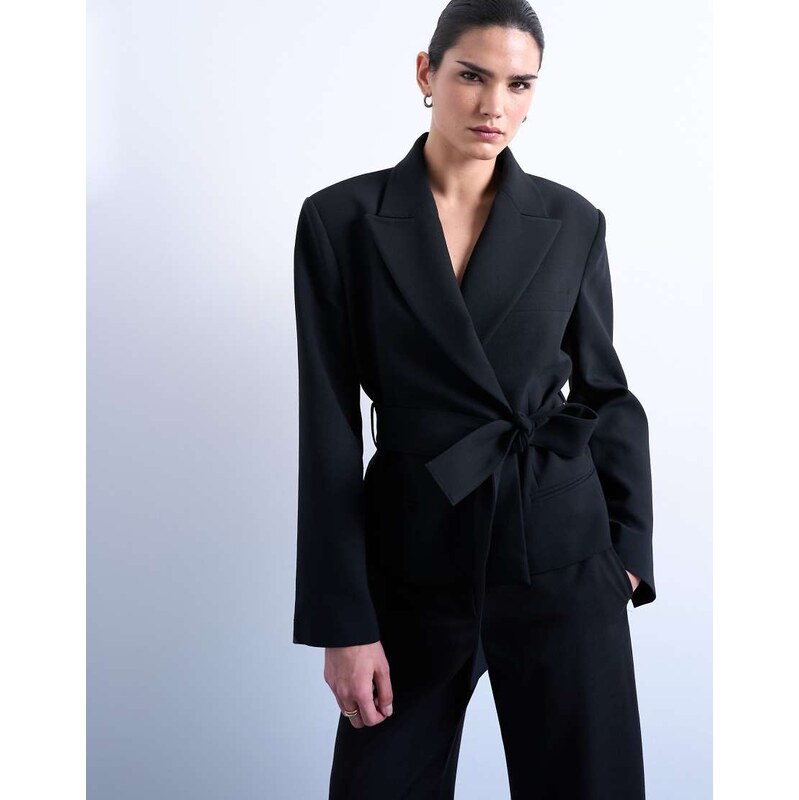 Topshop cropped belted boxy blazer in black