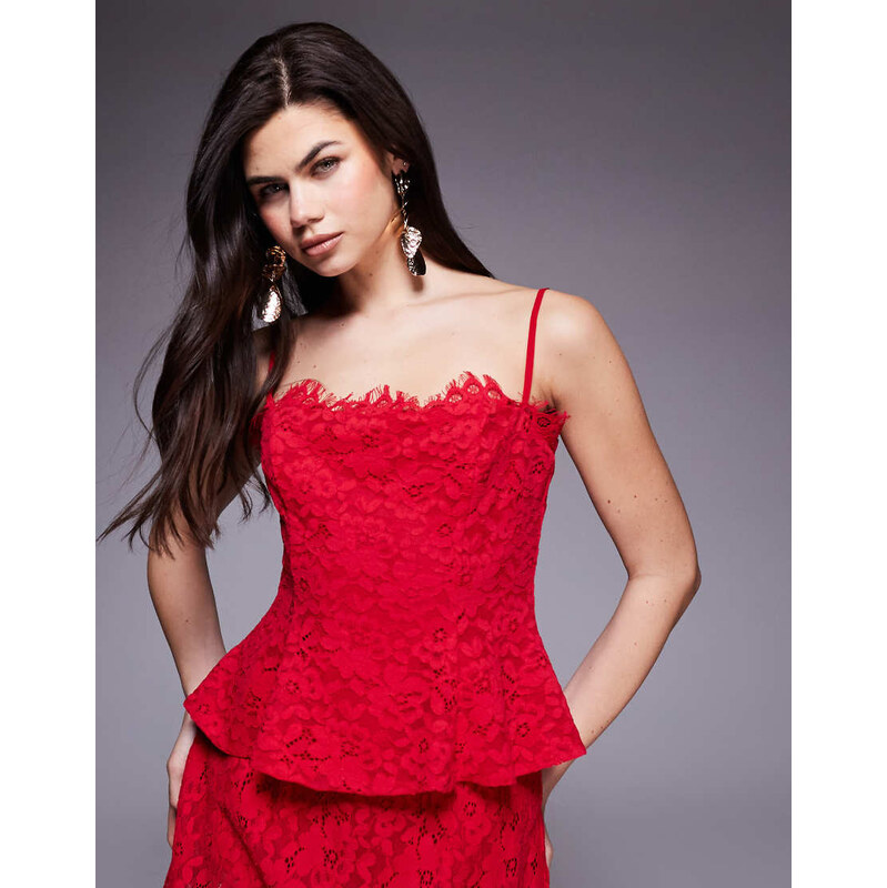 AFRM Ari lace scallop trim structured cami top co-ord in red 112525123