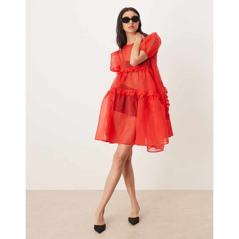 Ghospell exclusive sheer organza puff sleeve tiered ruffle asymmetric 115535741