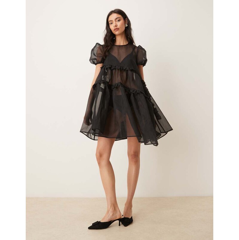 Ghospell exclusive sheer organza puff sleeve tiered ruffle asymmetric 115711818