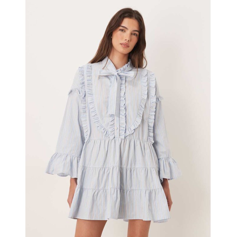 Sister Jane pure cotton pinstripe pussybow bell sleeve mini