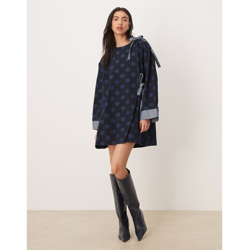 Ghospell exclusive denim bow detail boxy mini dress in polka dot