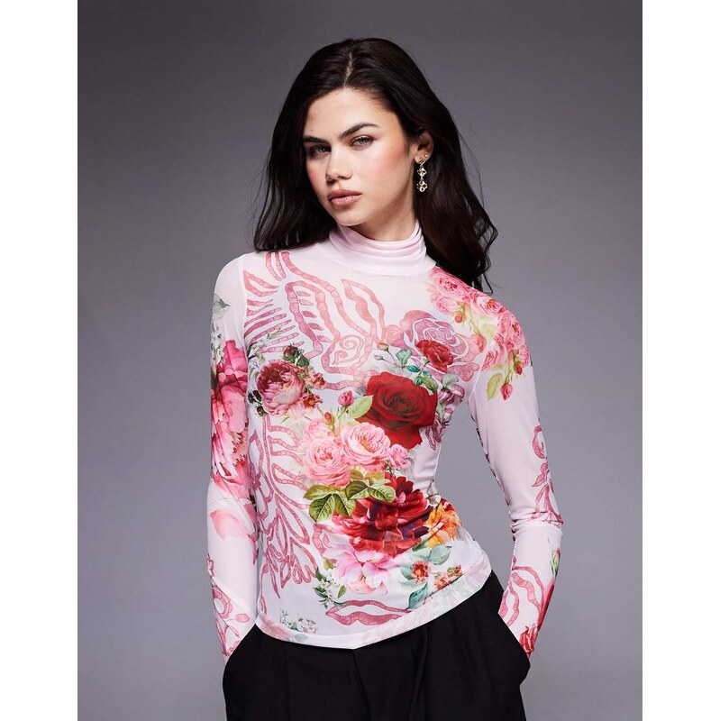 AFRM Zadie mesh roll neck top in pink floral print-Multi 115519136