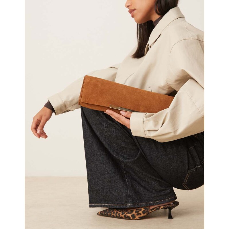 ASOS DESIGN suede elongated clutch bag with bar detail in brown 112538569