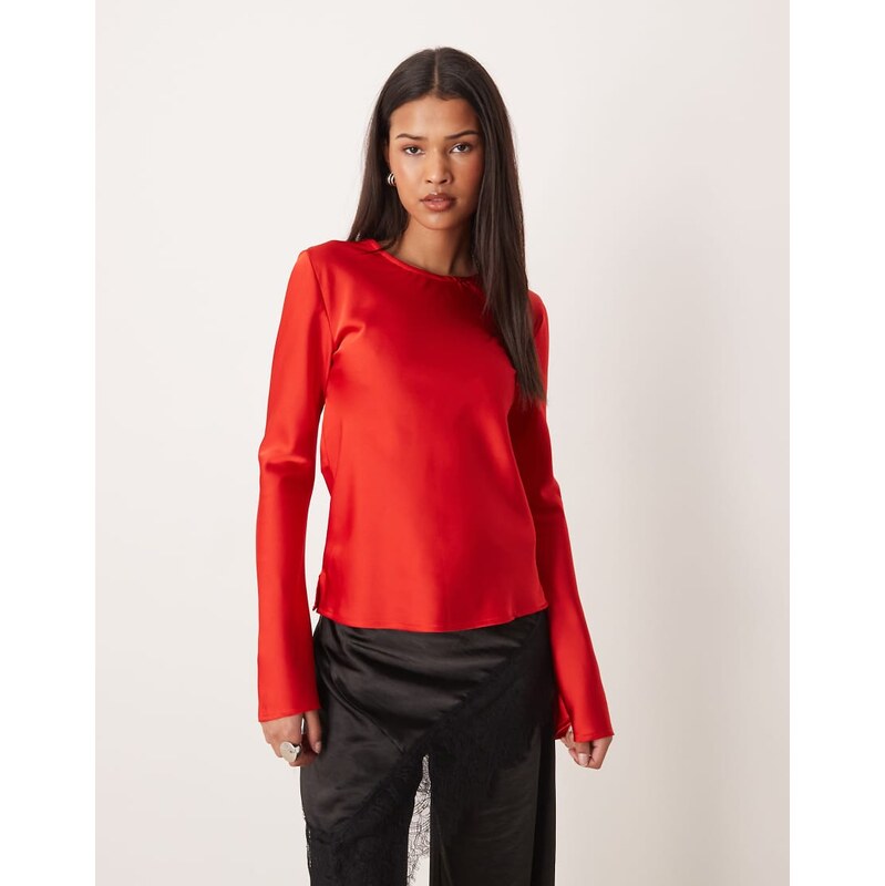 Ghospell satin backless cowl tie neck top in red