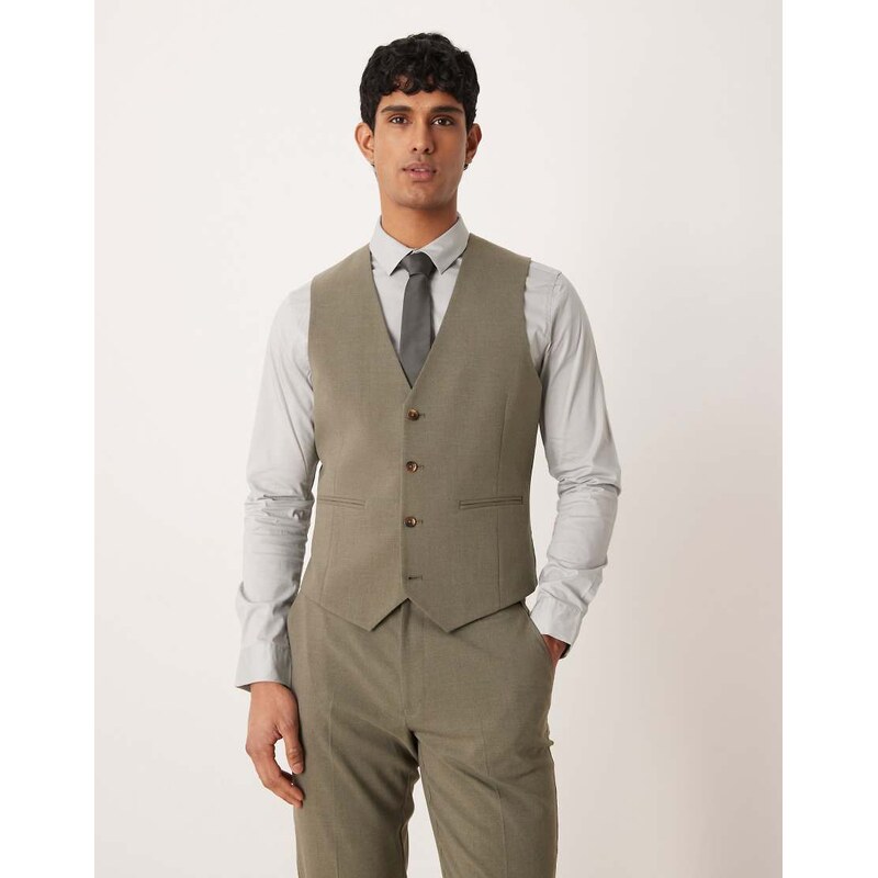 ASOS DESIGN slim suit waistcoat in khaki-Green