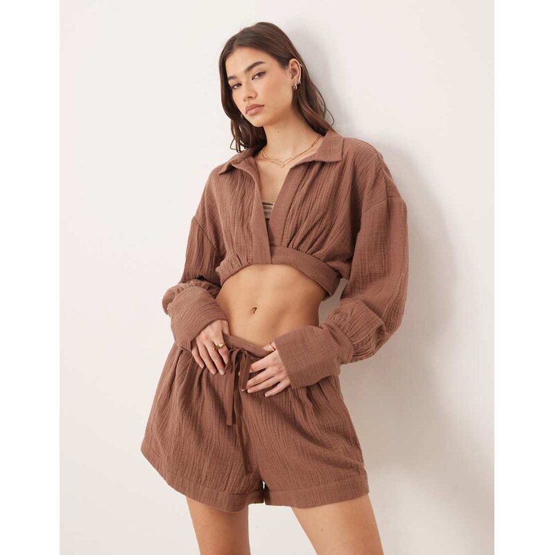ASOS DESIGN Callie cheesecloth beach wrap front co ord shirt in