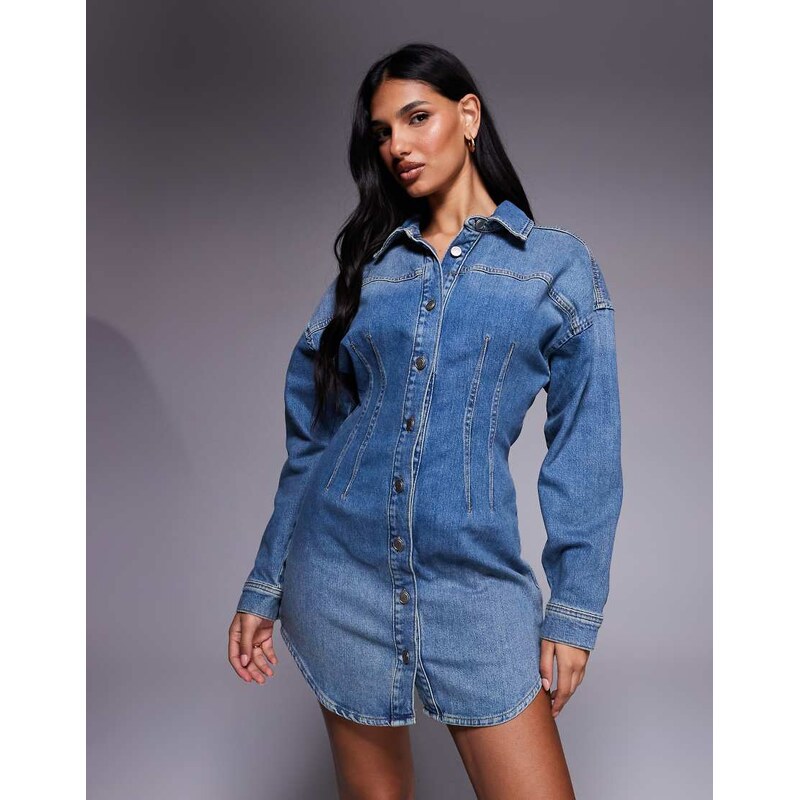 Good American denim cinch waist mini shirt dress in mid blue wash 111201760