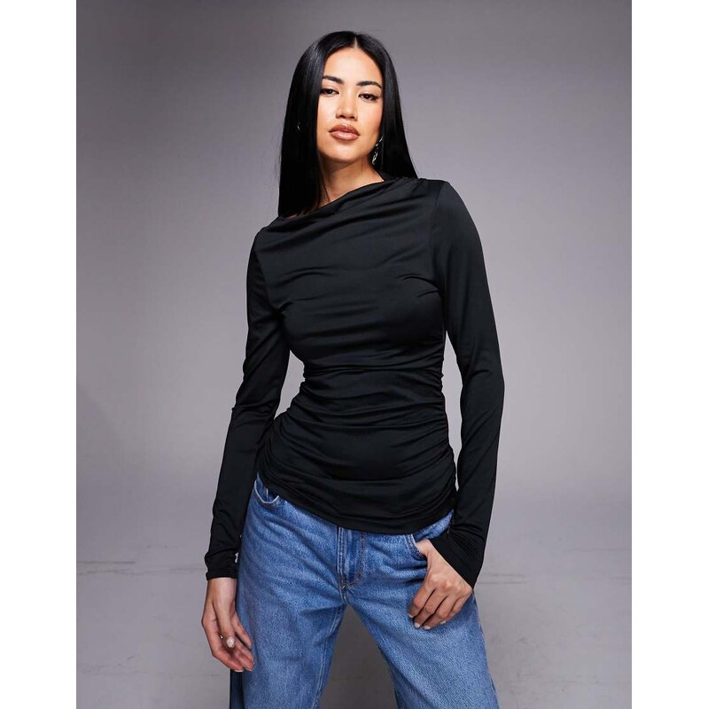 Threadbare slinky slash neck long sleeve top in black
