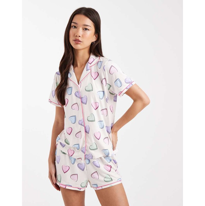 Urban Threads jersey revere top and short pyjama set in candy heart 112538553