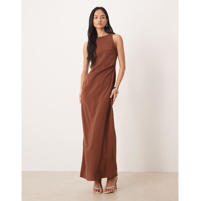 ASOS DESIGN racer cupro tuck detail maxi dress in chocolate-Grey