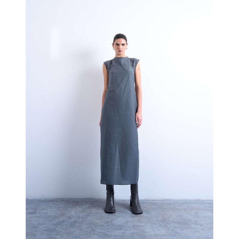 Topshop short sleeve cami layered maxi dress in slate grey-Black