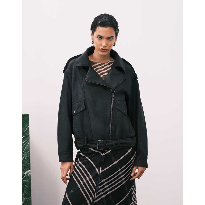 ASOS DESIGN oversized leather look biker jacket in black