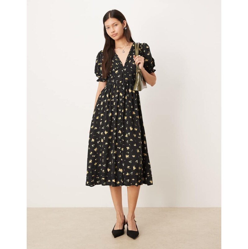 Nobodys Child v neck puff sleeve button front midi dress in