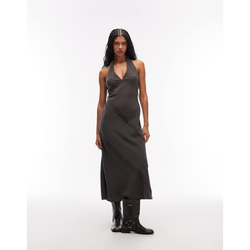 ASOS DESIGN halter neck seamed detail maxi dress in charcoal
