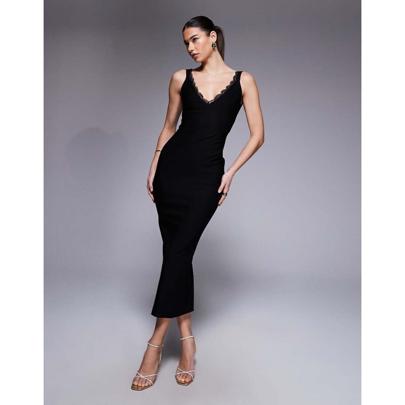 Vesper bengaline v neck lace trim strappy maxi dress in black