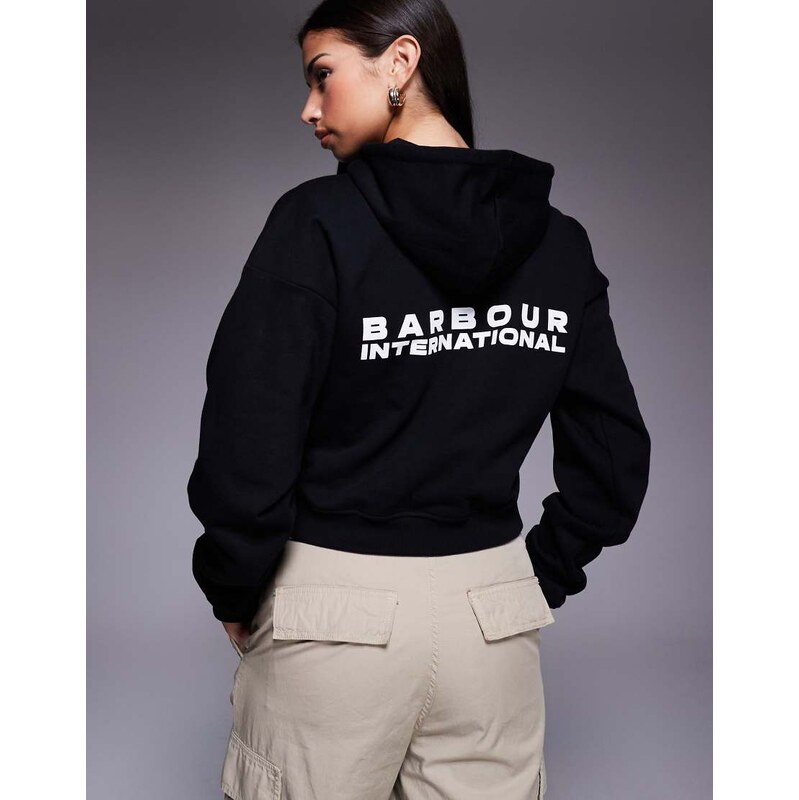 Barbour International Ciara cropped logo hoodie in black 112544078
