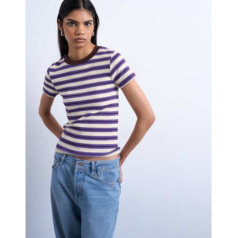 Topshop stripe rib short sleeve tee in purple