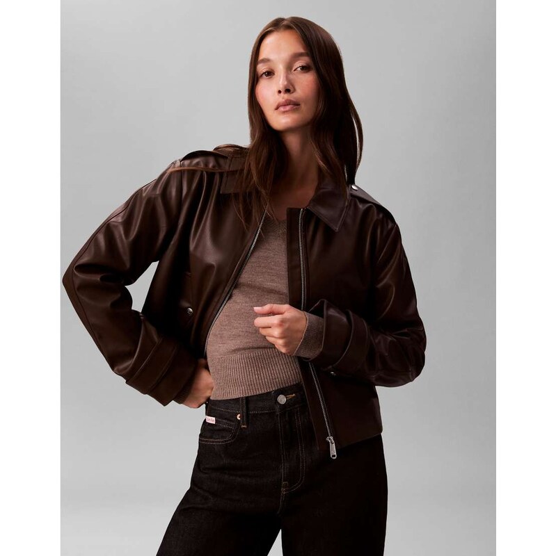 Calvin Klein Jeans leather moto jacket in chocolate brown