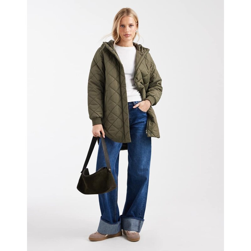 ONLY quilted hooded longline coat in khaki-Green 112547287