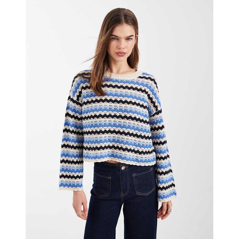 ONLY long sleeve cropped crochet top in blue stripes