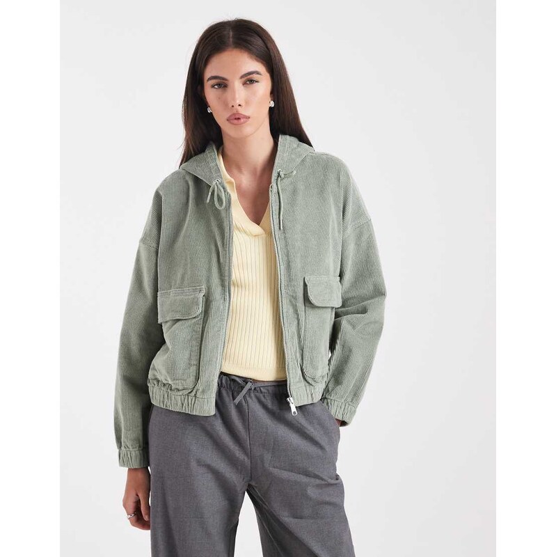 ONLY zipped through cord hooded jacket in khaki-Pink