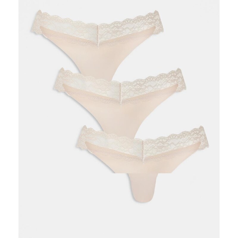 ONLY 3 pack lace trim seamless thong in beige-Neutral 115519267